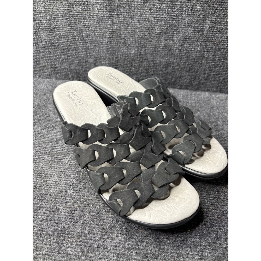 Jambu Romance Black Leather Laser Cut Wedge Slide Sandals Womens 10M Memory Foam